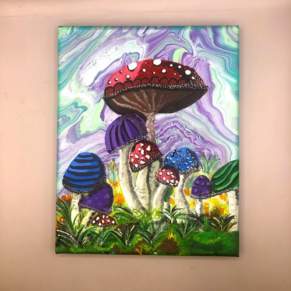 Colourful Patch of Mushrooms on an 8”x10” Painted Stretched Canvas w/ Acrylics.